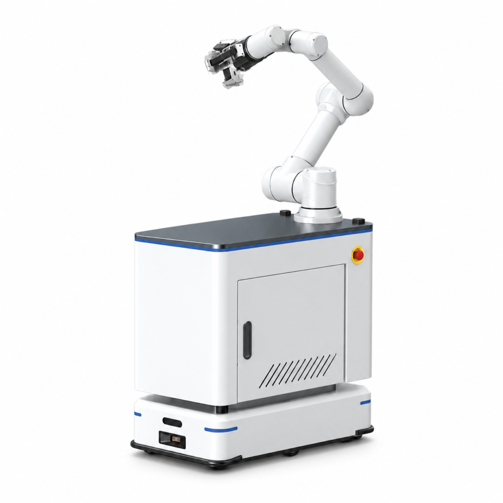 LabCarry mobile manipulator with a metal gripper, white enclosure and blue trim
