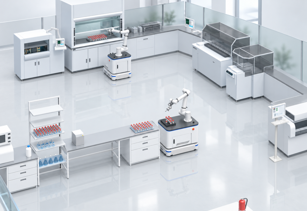 Illustration of mobile manipulators transferring samples between laboratory workstations