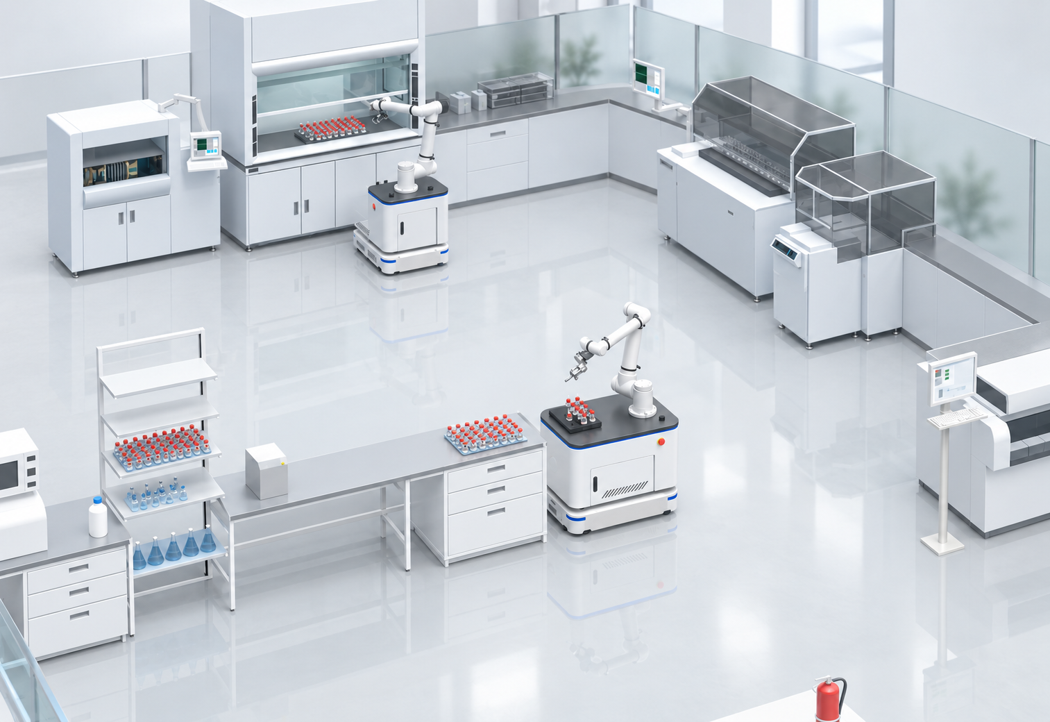 Concept illustration of two mobile manipulators transferring sample racks between laboratory workstations